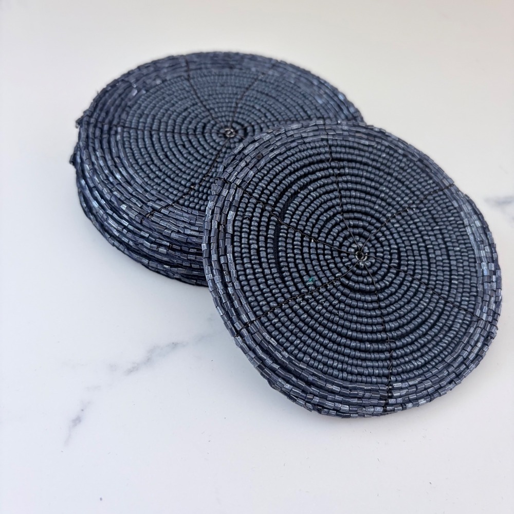 Handmade Beaded Coasters Set of 8 Navy Blue Glass Bead Round Table Decor
